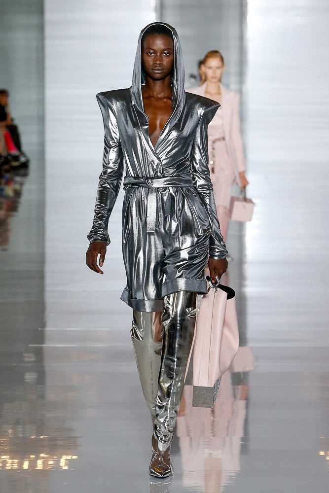 silver metallic hooded dress