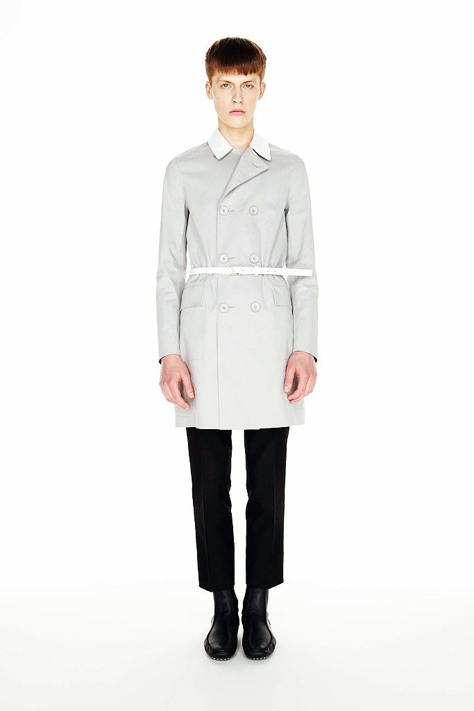 gray cotton long-sleeve collared tailored belted trench