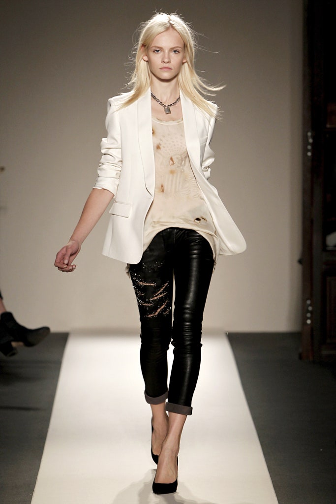 white tailored blazer with leather pants