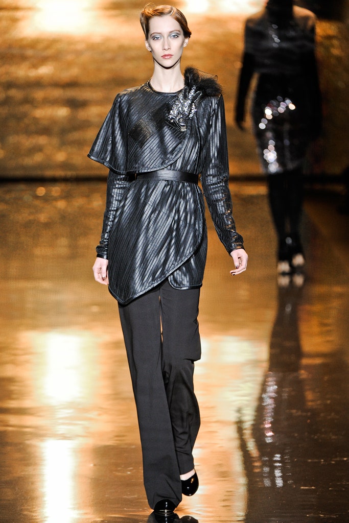 black silk long-sleeve asymmetric fitted draped belted top