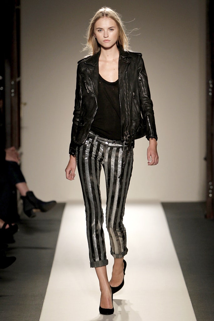 black leather jacket with striped pants