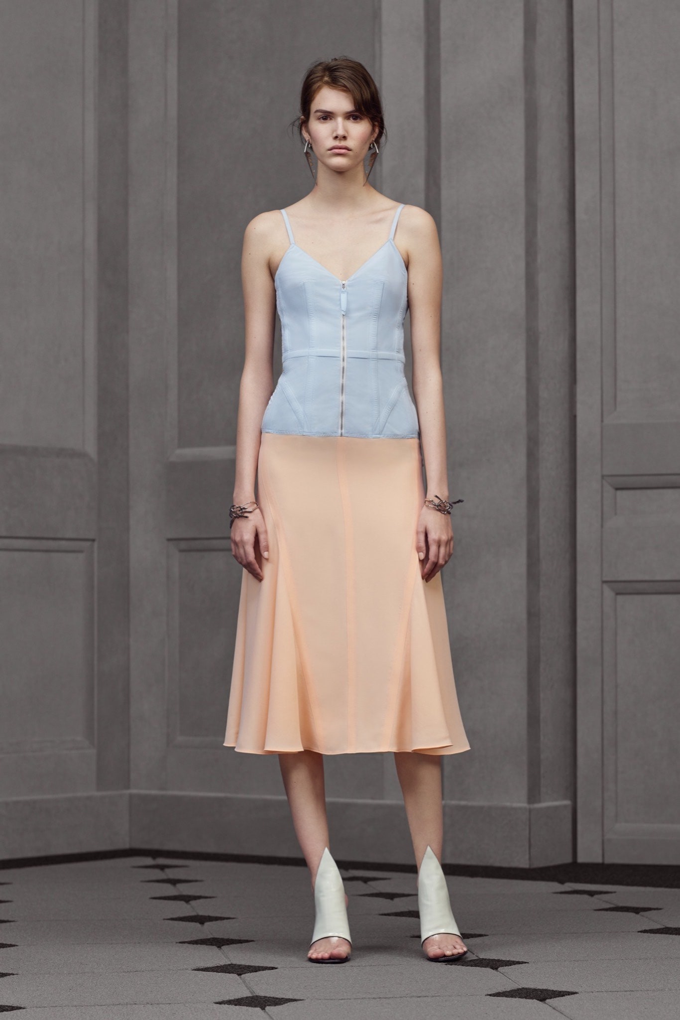 blue silk sleeveless v-neck fitted structured top
