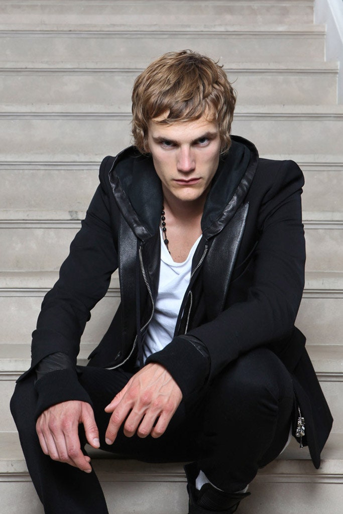 black leather hooded jacket with white t-shirt