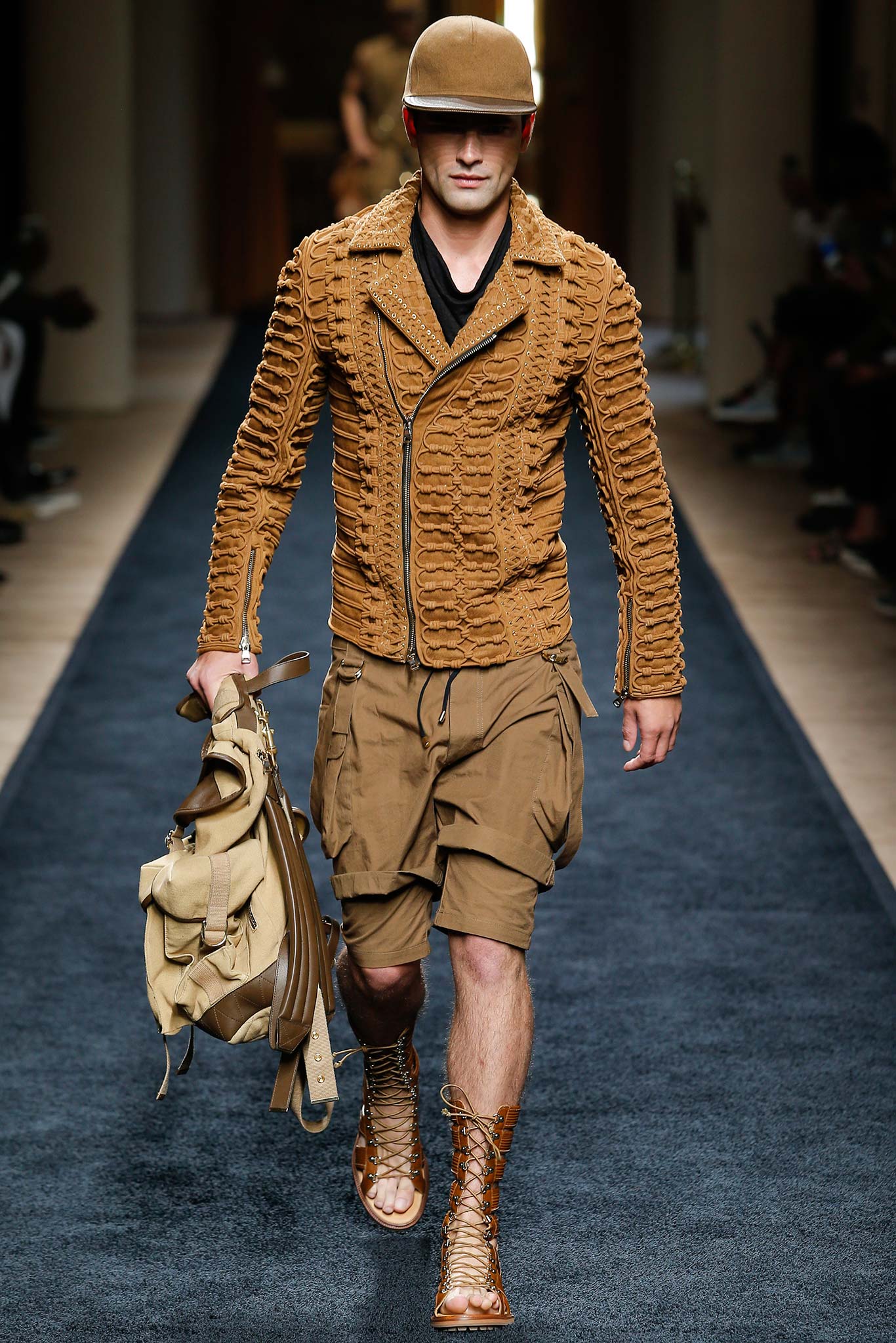 brown textured jacket with shorts