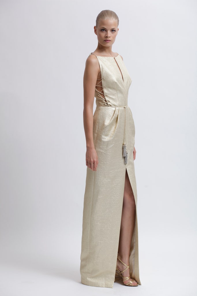 fitted gold silk gown
