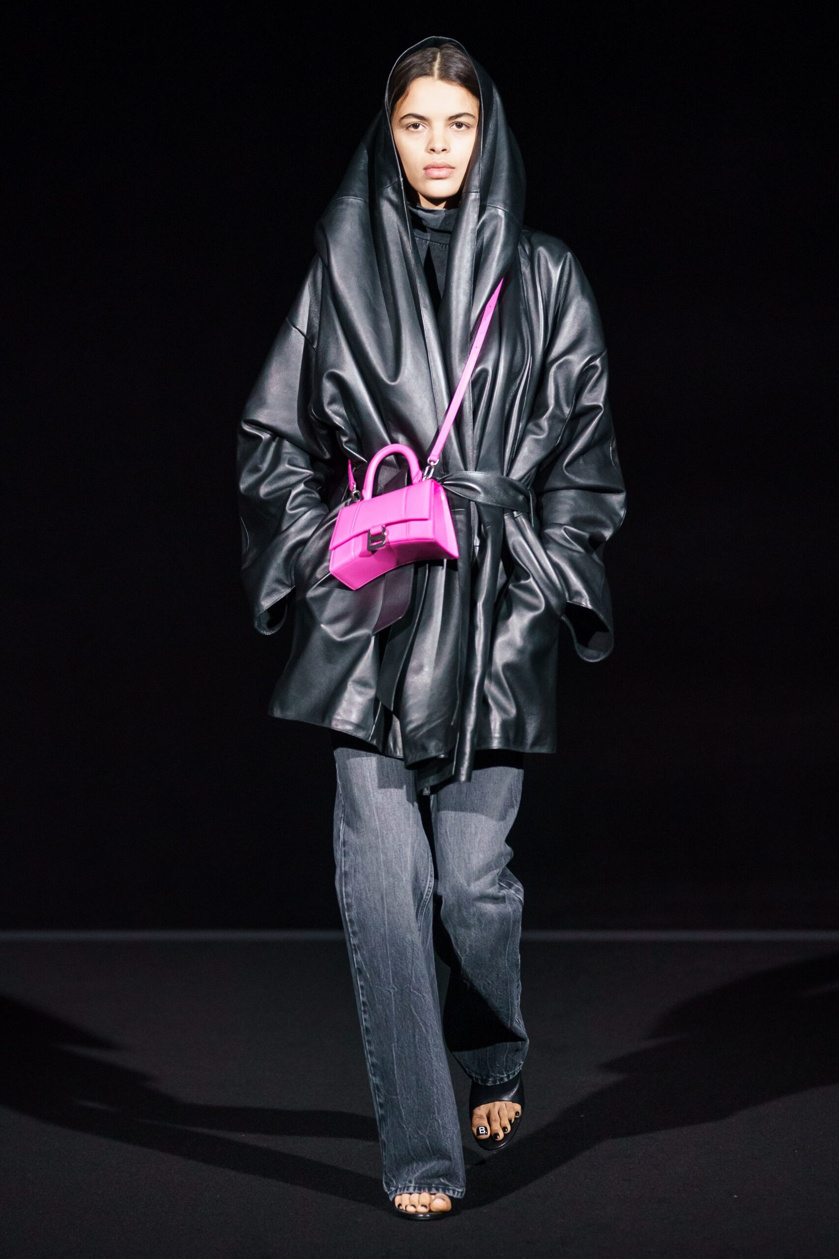 black leather long-sleeve collared oversized belted coat