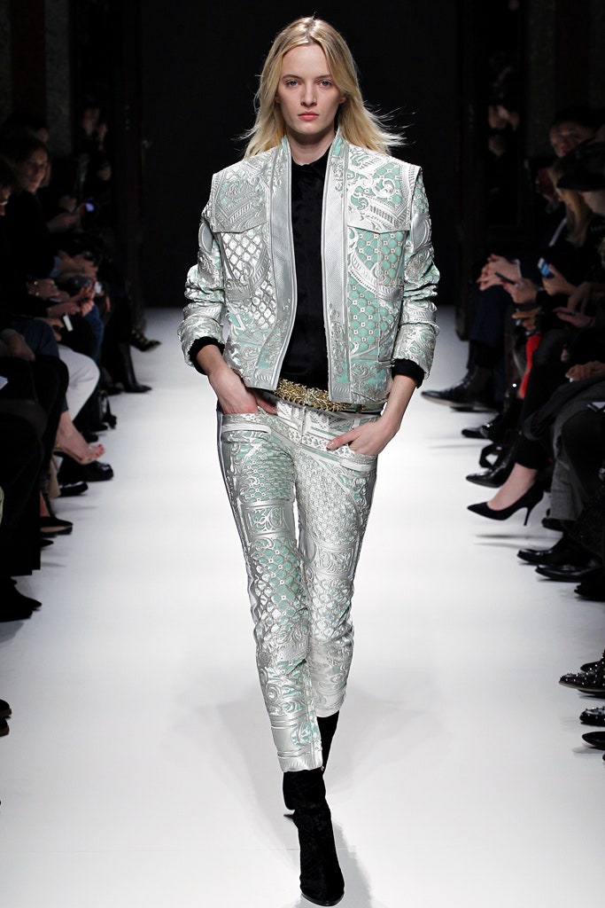 fitted silver metallic jacket and pants