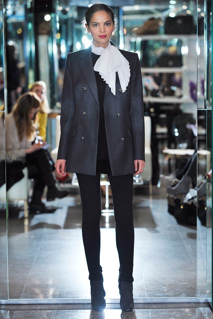 gray tailored blazer with white blouse