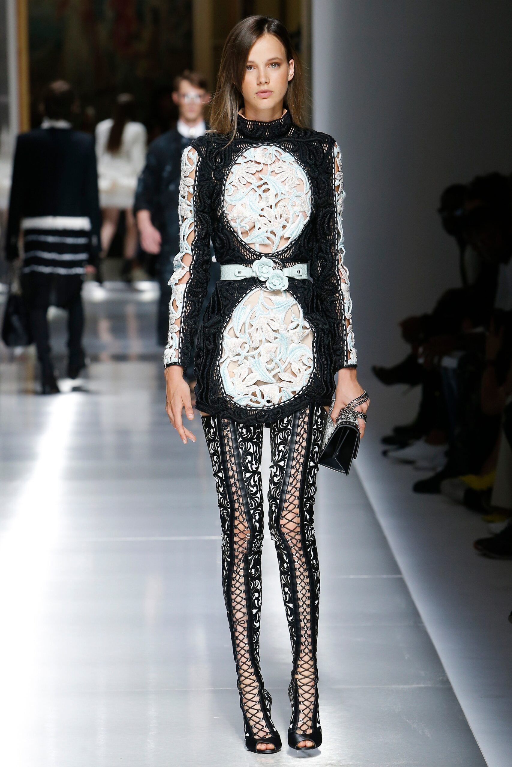 black and white lace dress with flared pants