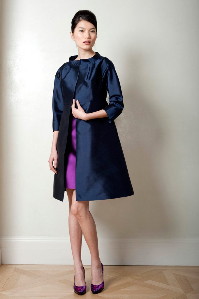navy silk coat with purple dress