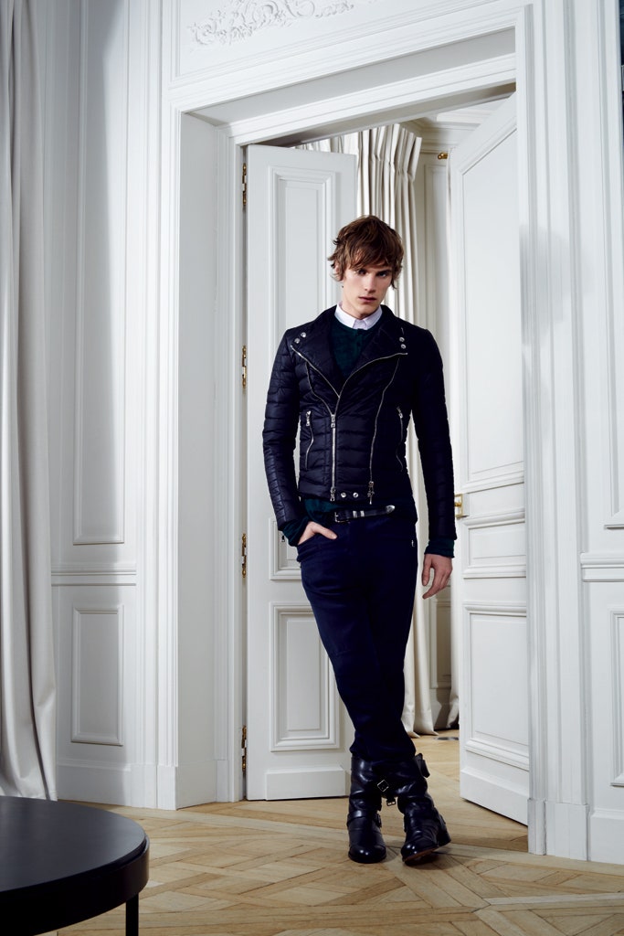 black leather jacket with navy pants