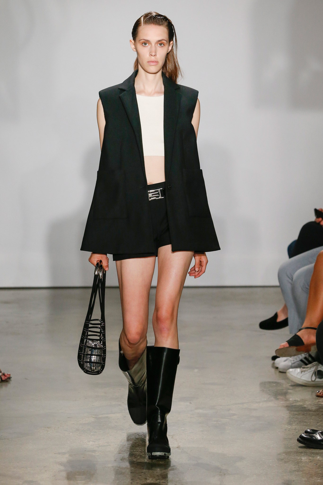 black tailored blazer with beige top