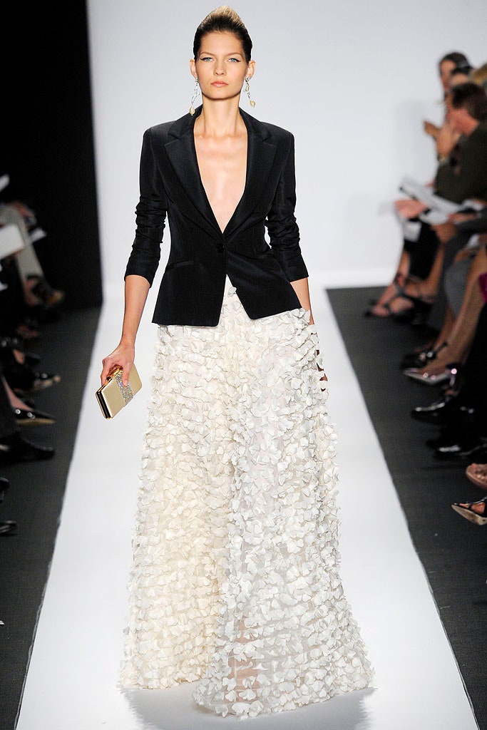 black blazer white gown