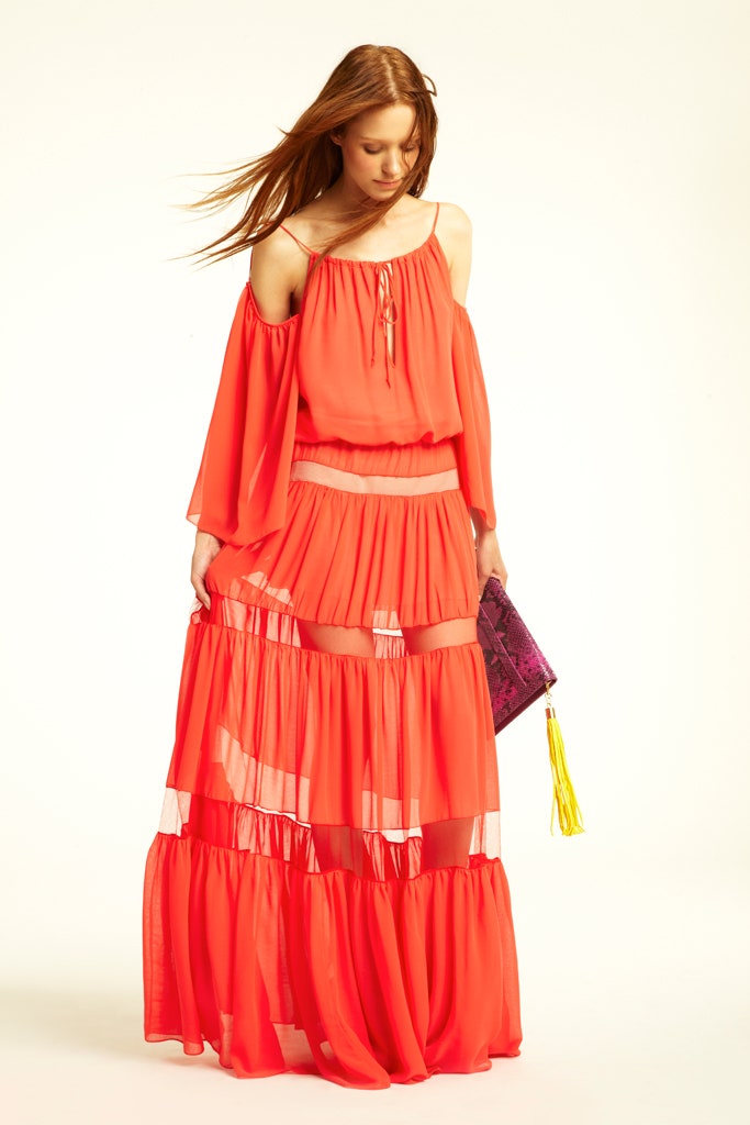 coral chiffon layered outfit