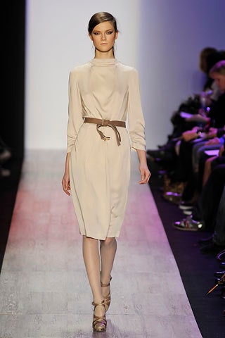 beige silk long-sleeve belted dress