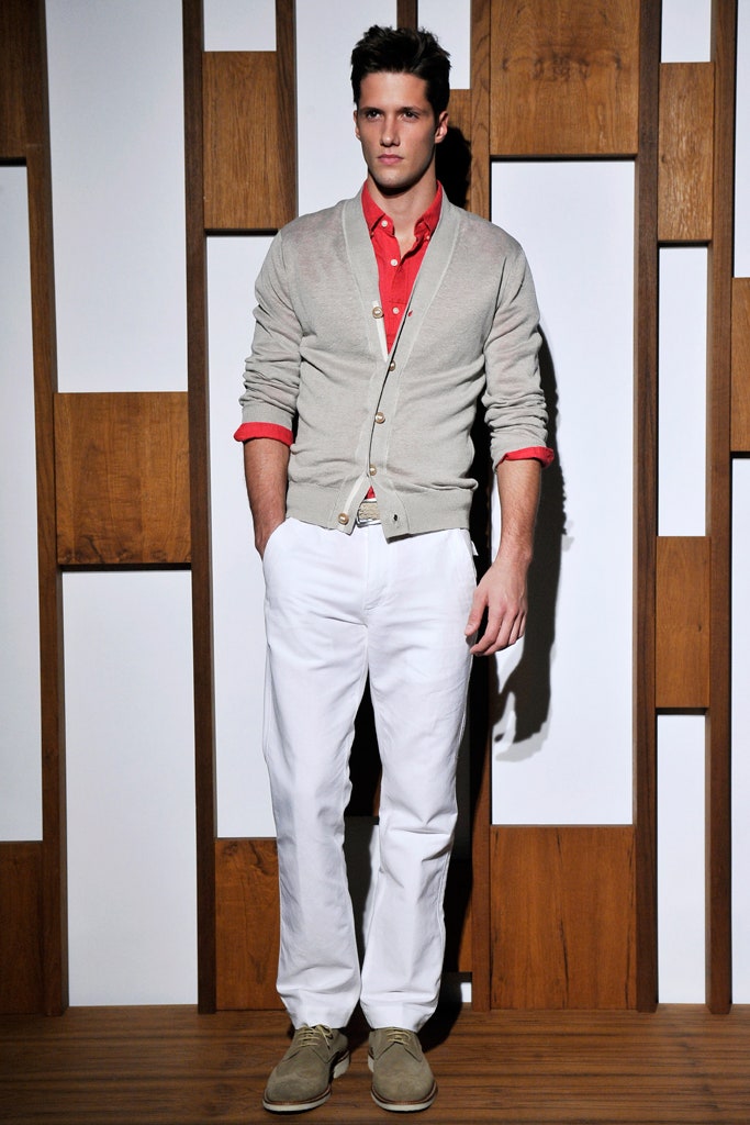 gray cardigan red shirt white pants