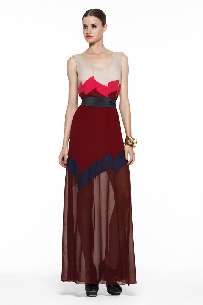 color-blocked sheer maxi gown