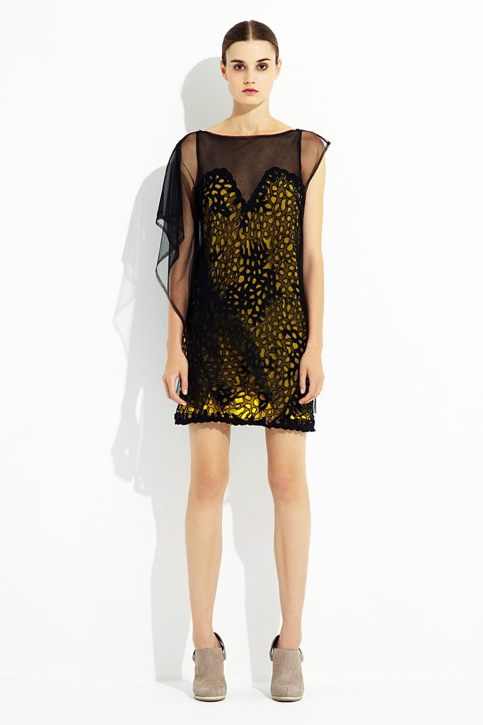 black and yellow layered mini dress