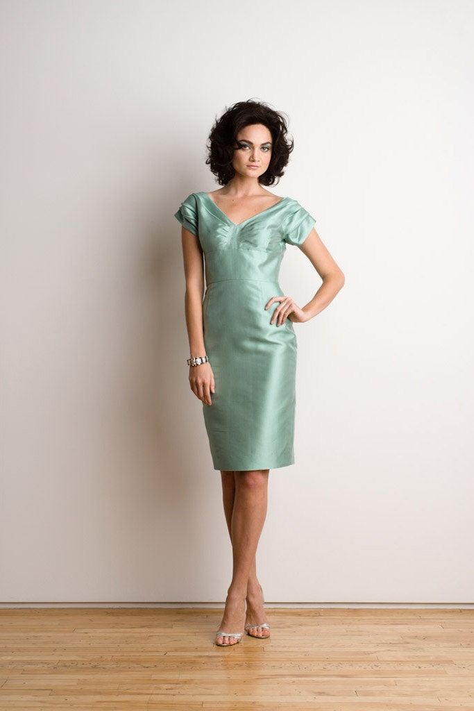 fitted green silk midi dress