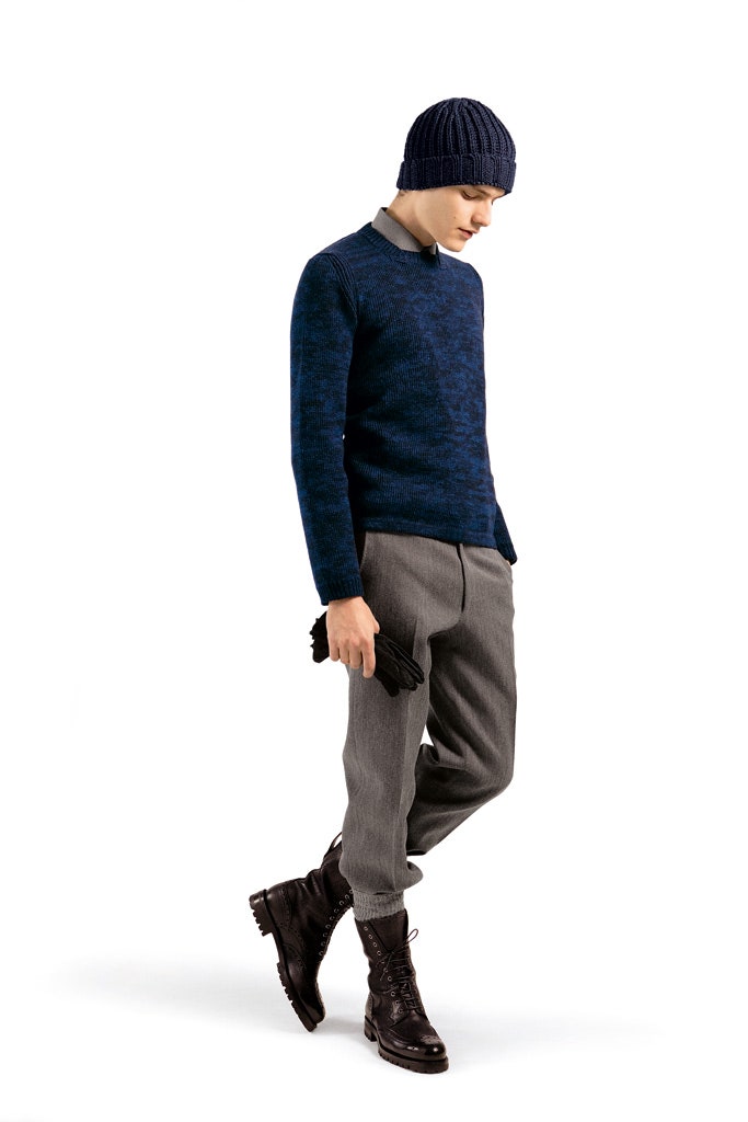 blue wool sweater gray pants