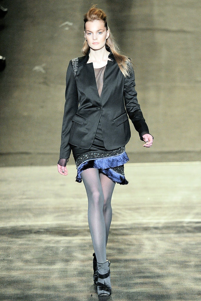 black tailored blazer and mini skirt