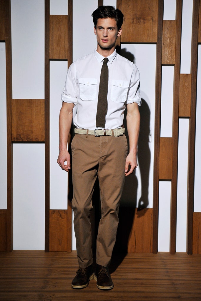 white fitted shirt with brown pants