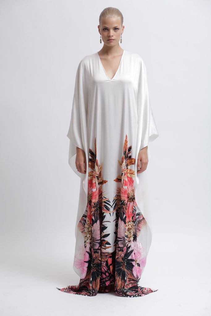 white silk printed maxi dress