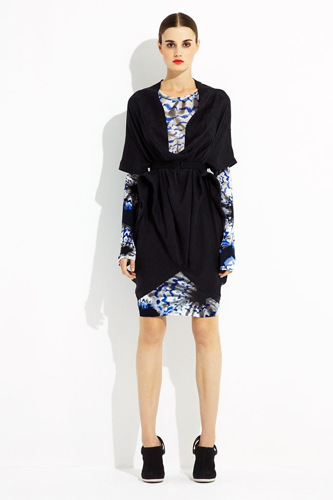 black and blue layered dress with cape