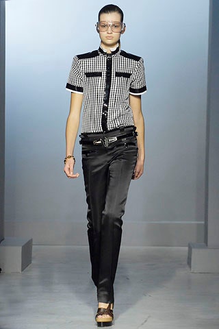 fitted black and white checked shirt with slim black pants