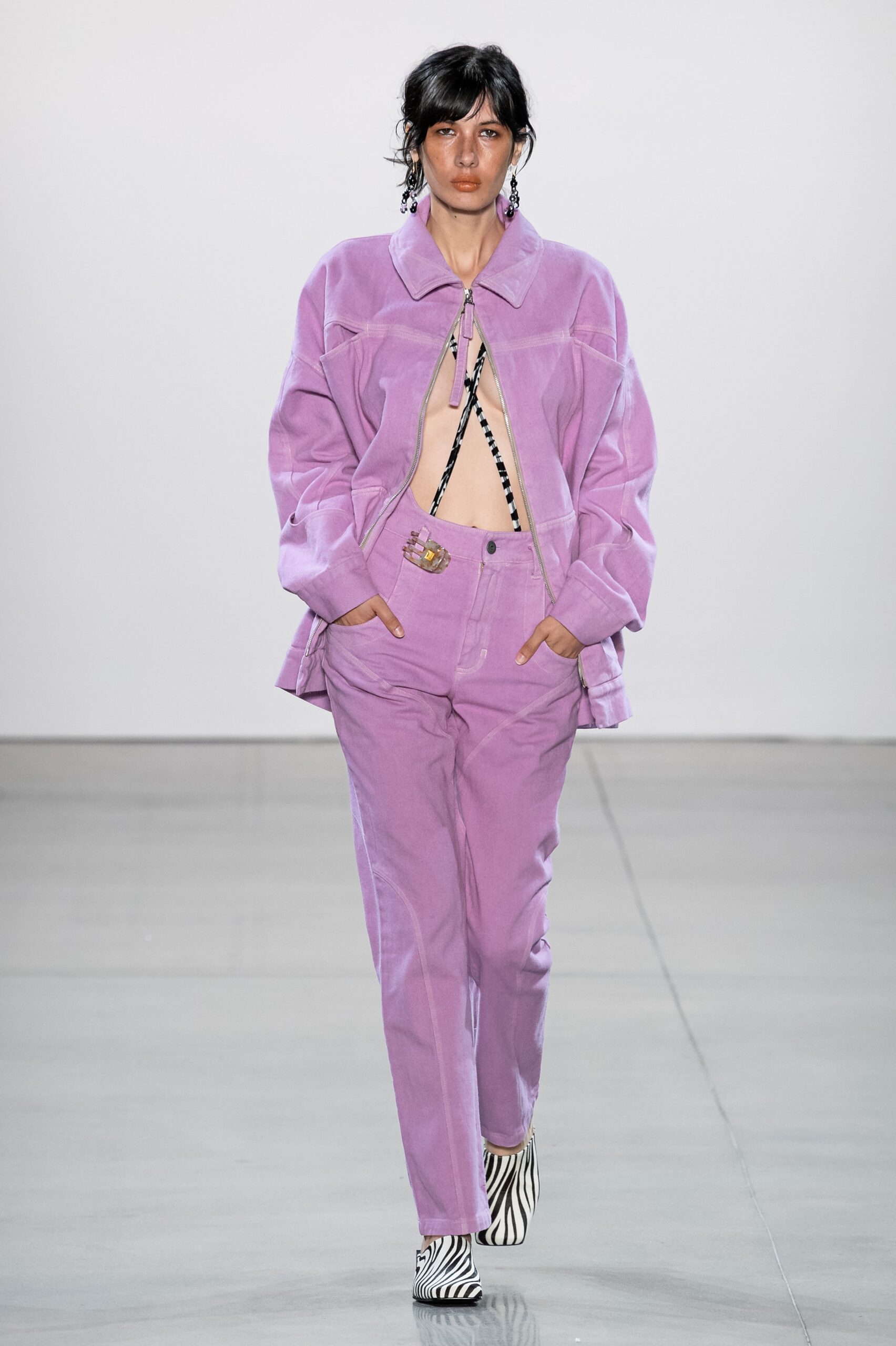 purple oversized jacket and relaxed pants