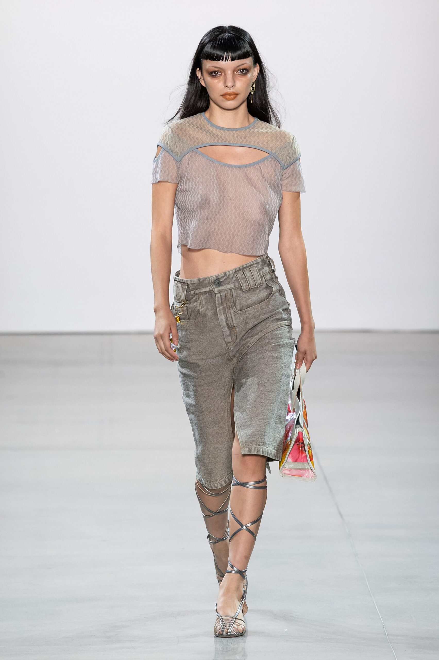 fitted gray mesh top and denim skirt