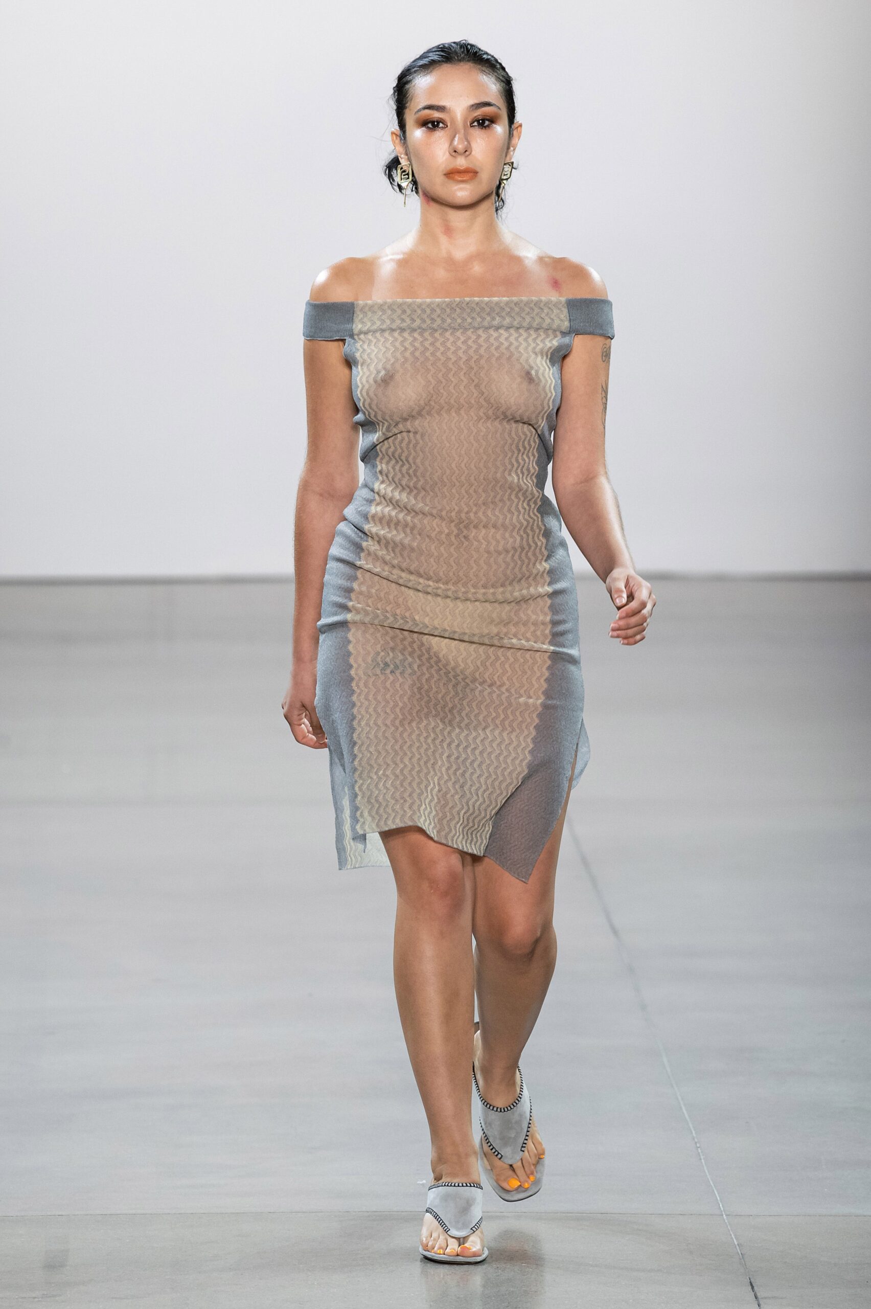 blue mesh off-shoulder dress