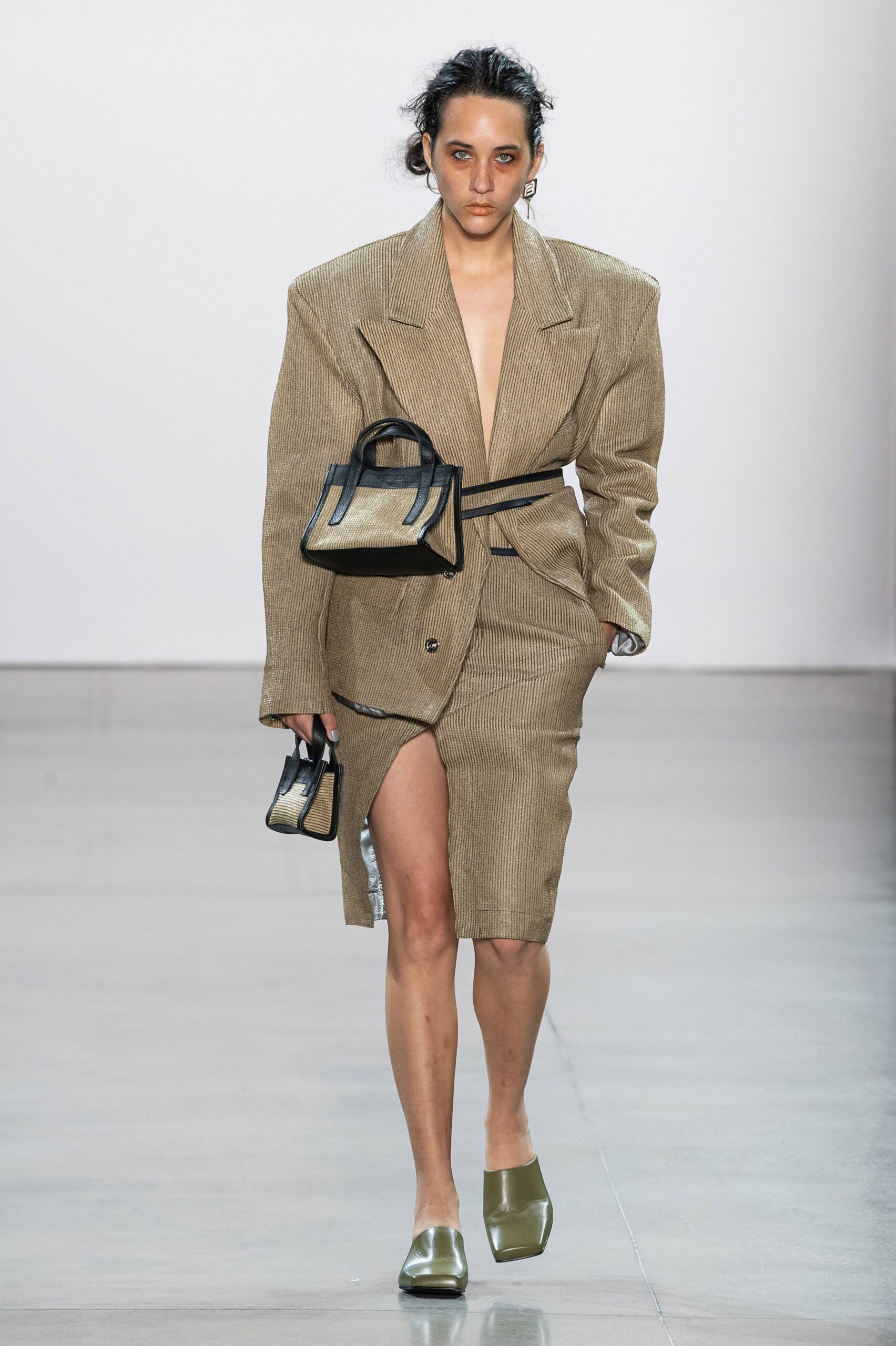 beige oversized blazer and fitted skirt