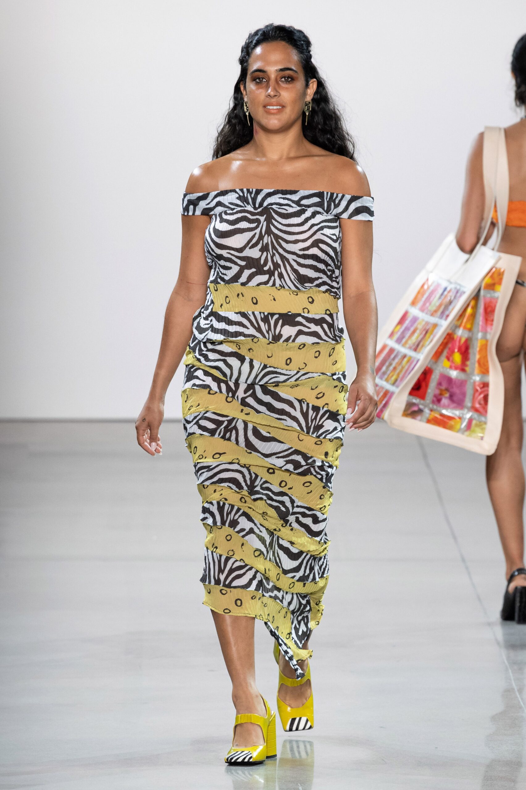 off-shoulder striped midi dress