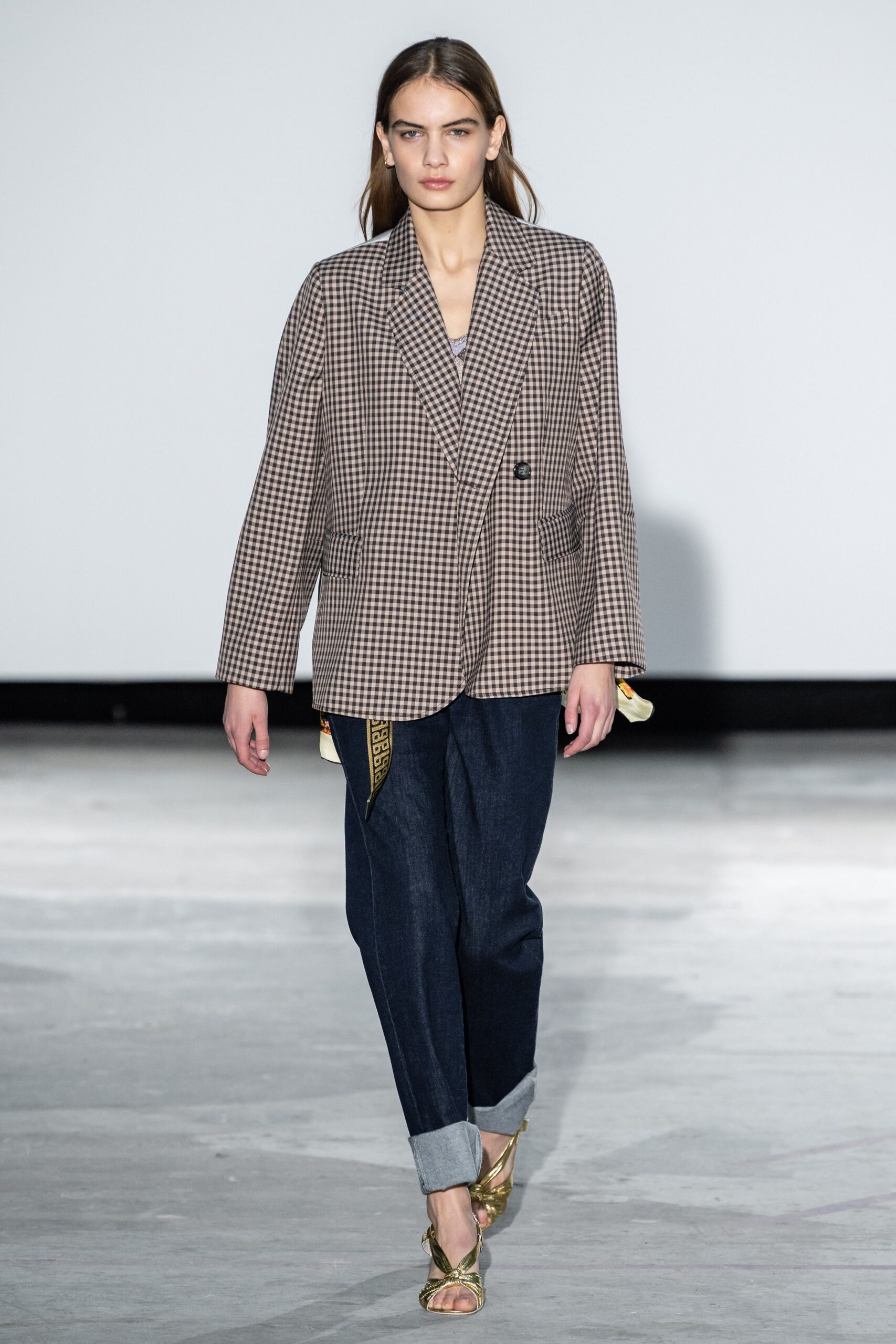 brown checked blazer with denim pants