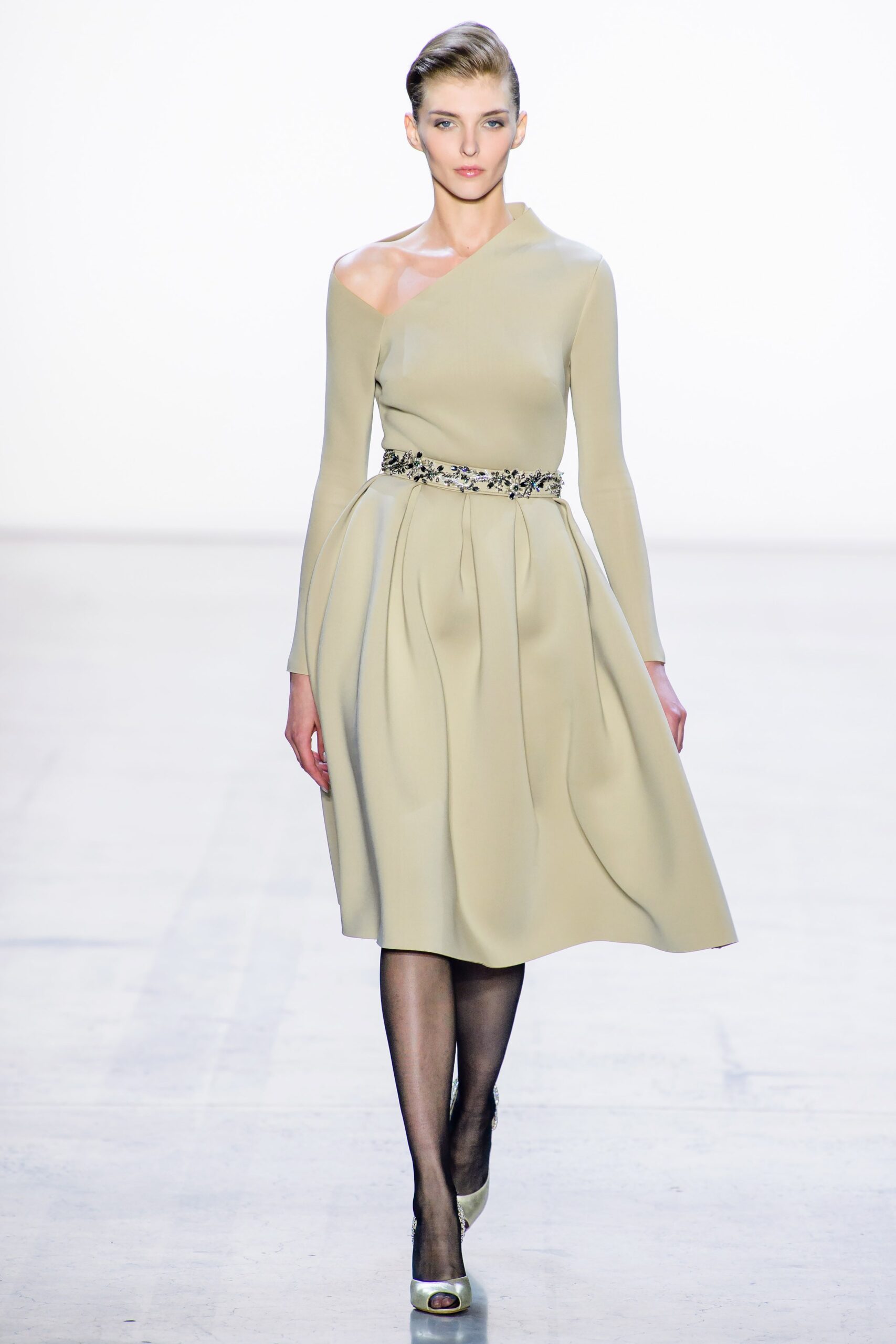 beige silk off-shoulder dress