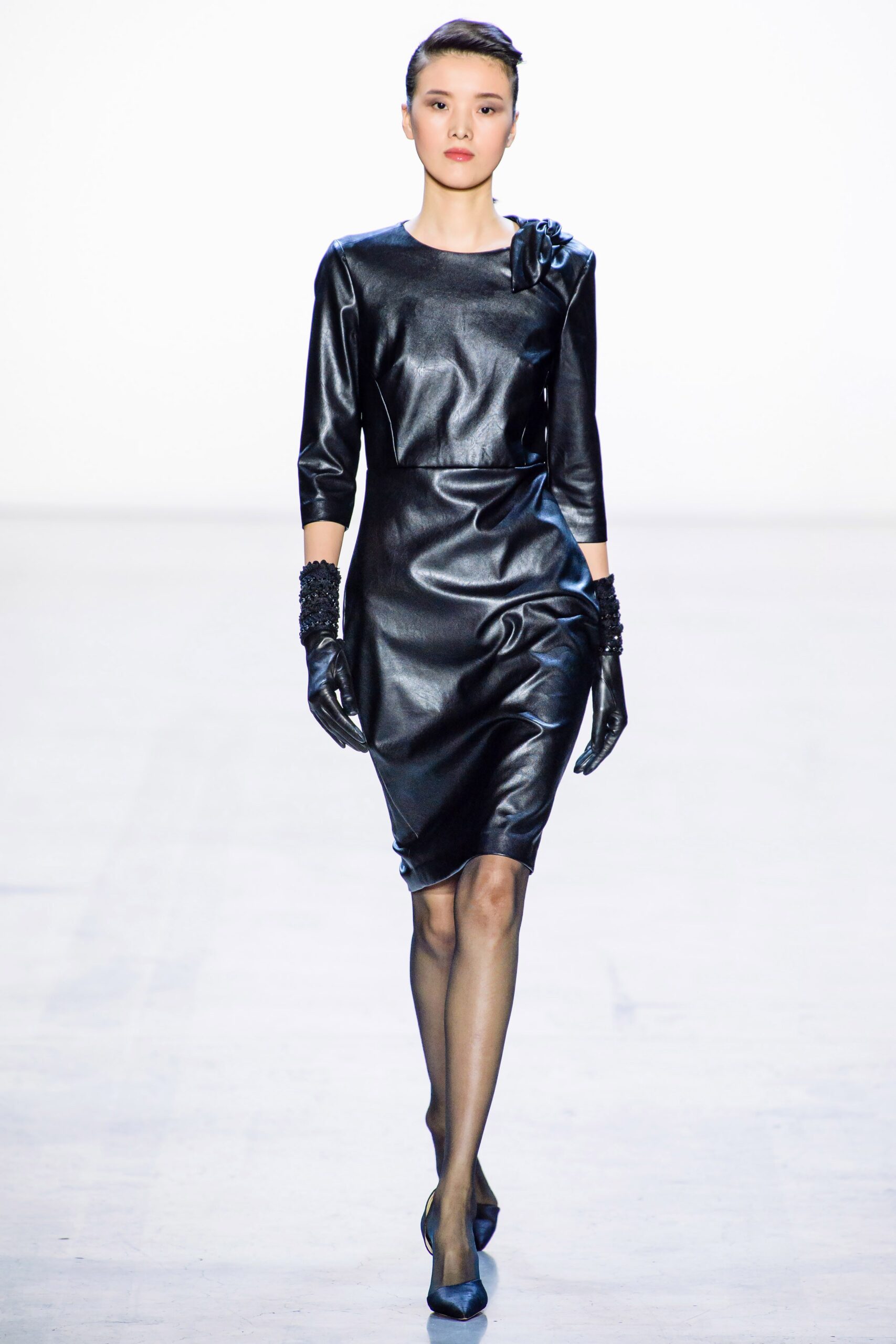 black leather long-sleeve collared fitted ruched midi dress