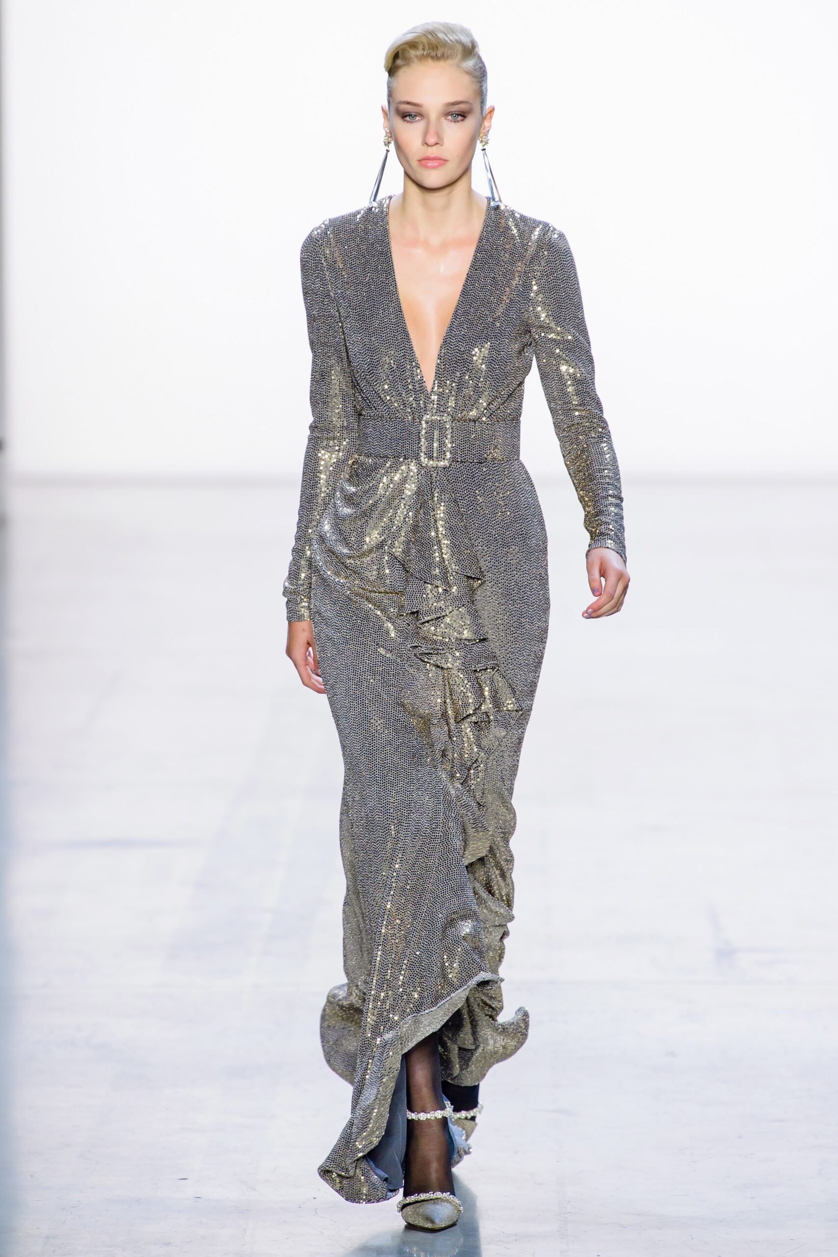 fitted silver sequined gown