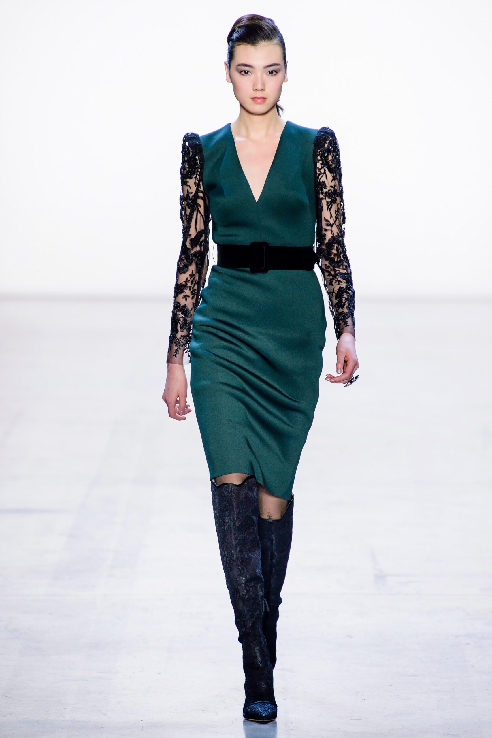 green silk long-sleeve v-neck fitted pencil midi dress