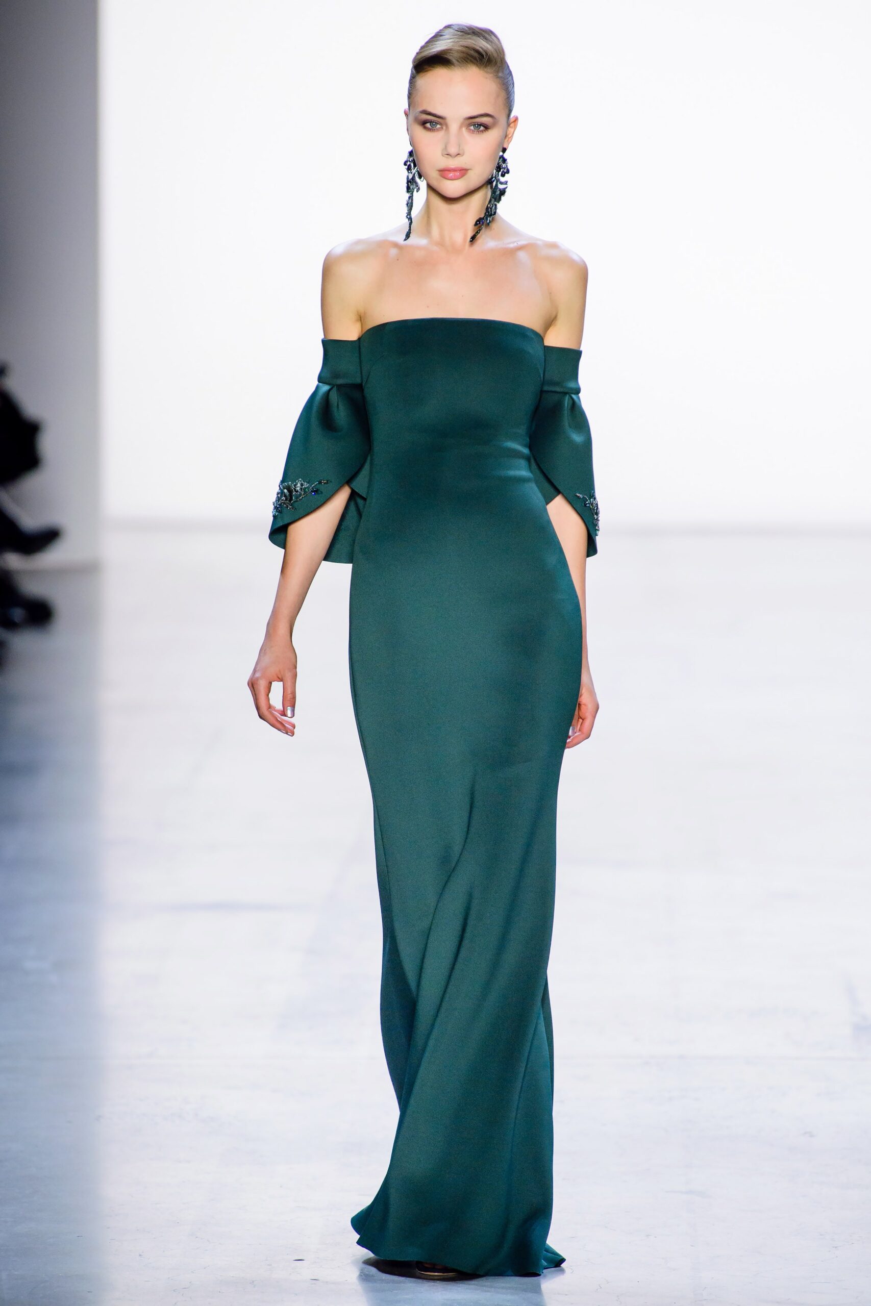 green silk off-shoulder gown