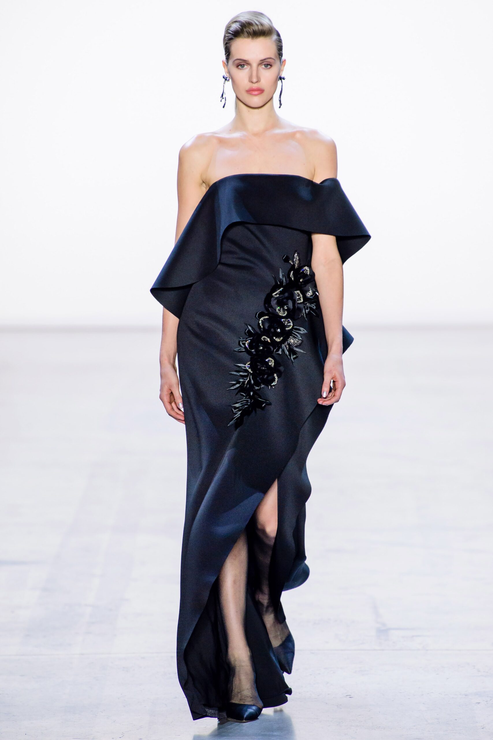 black silk strapless gown