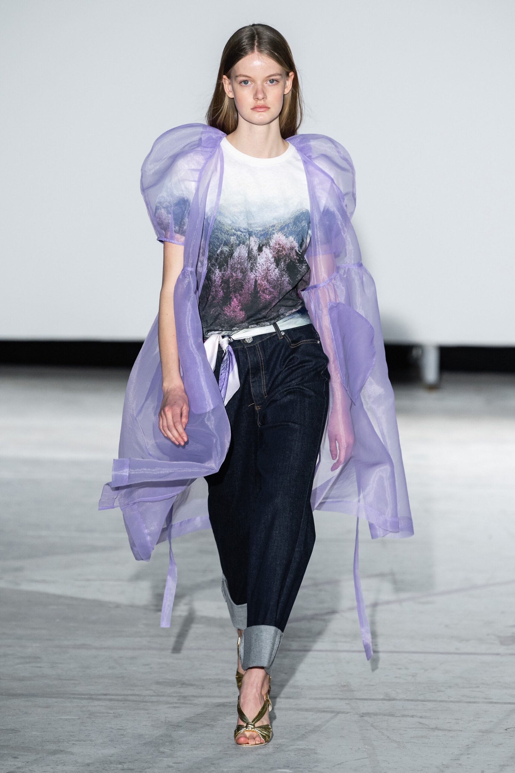 purple sheer coat with printed top