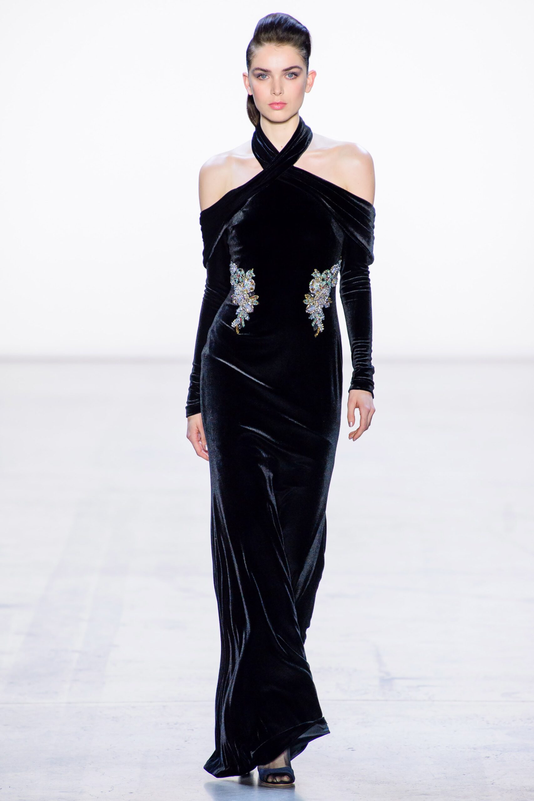 black velvet off-shoulder gown