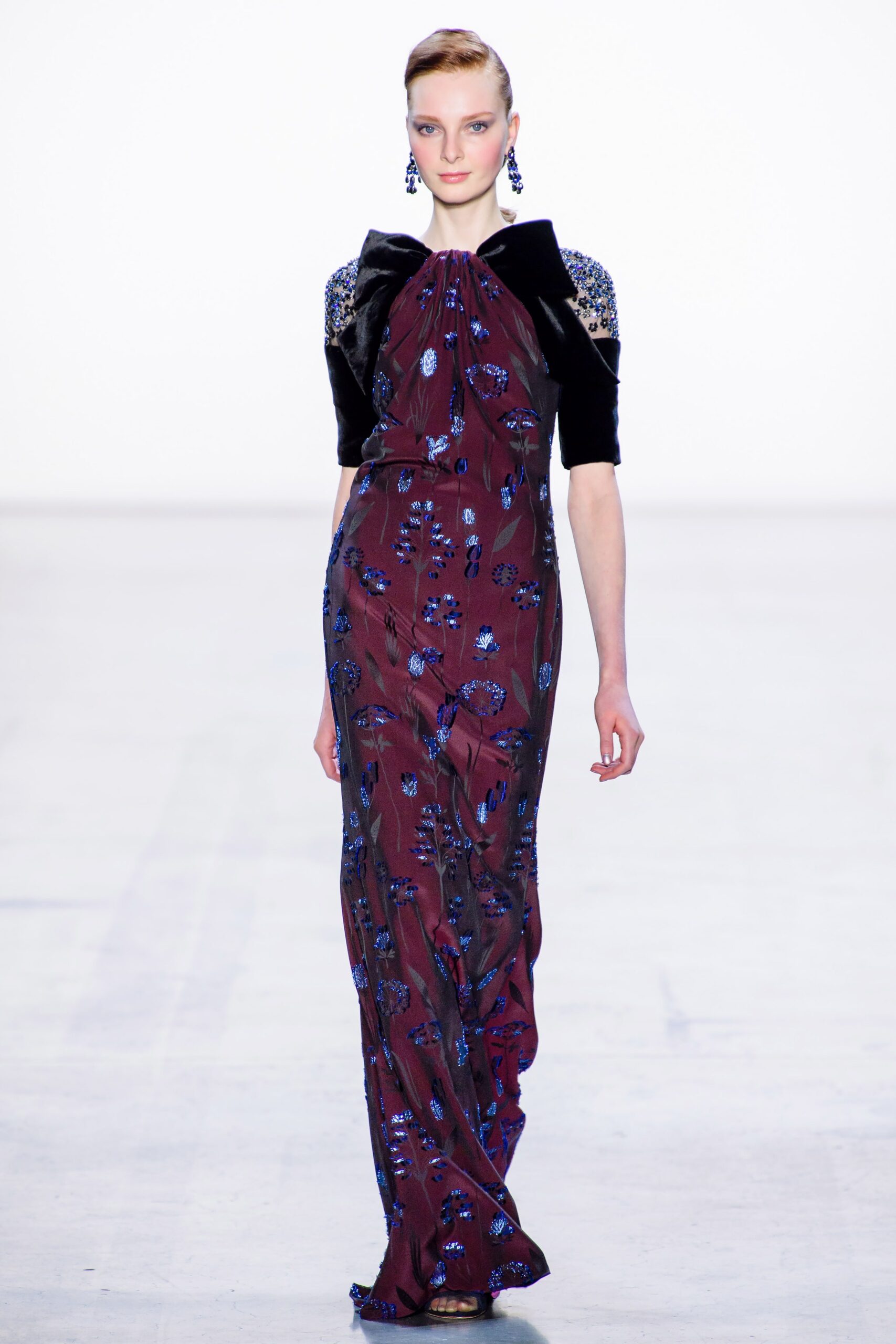 maroon embroidered velvet gown