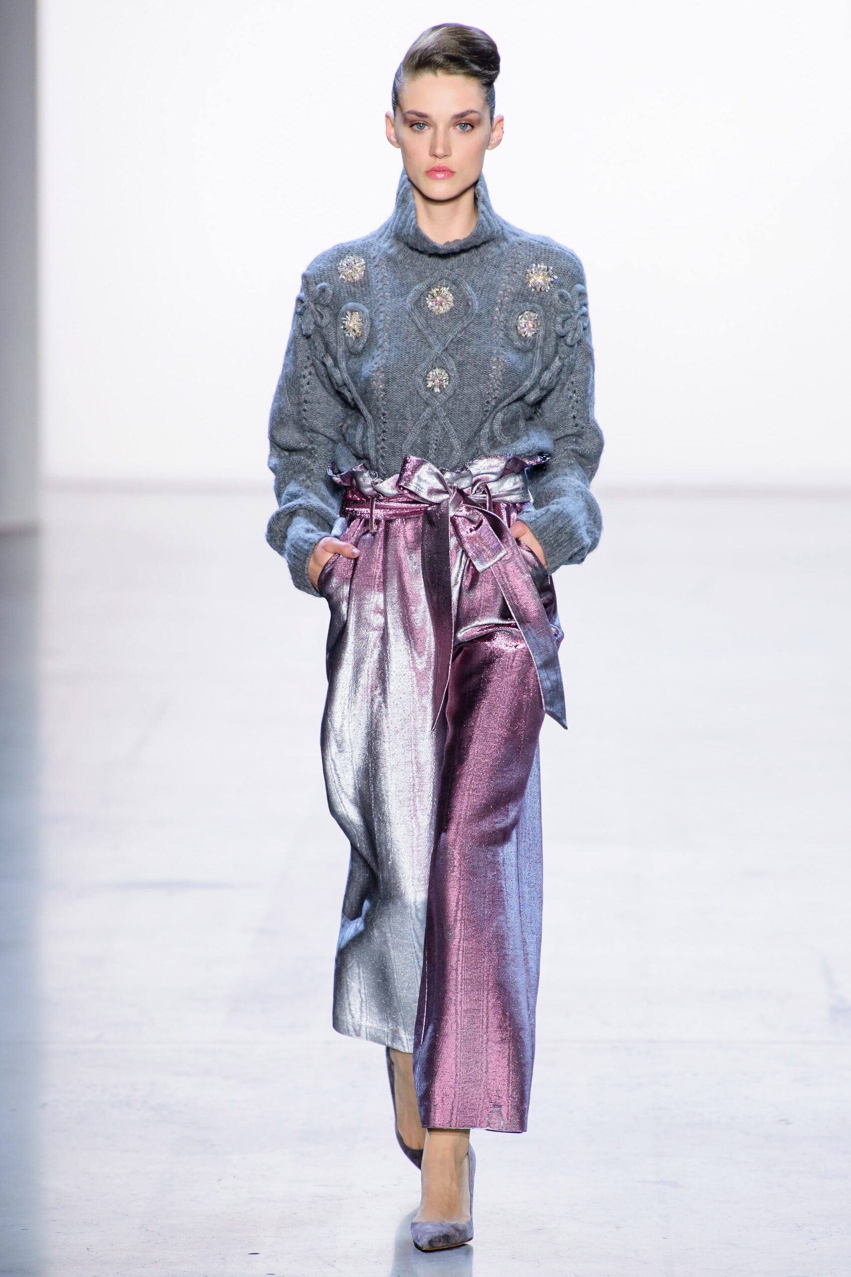 pink metallic relaxed wide-leg belted shiny pants