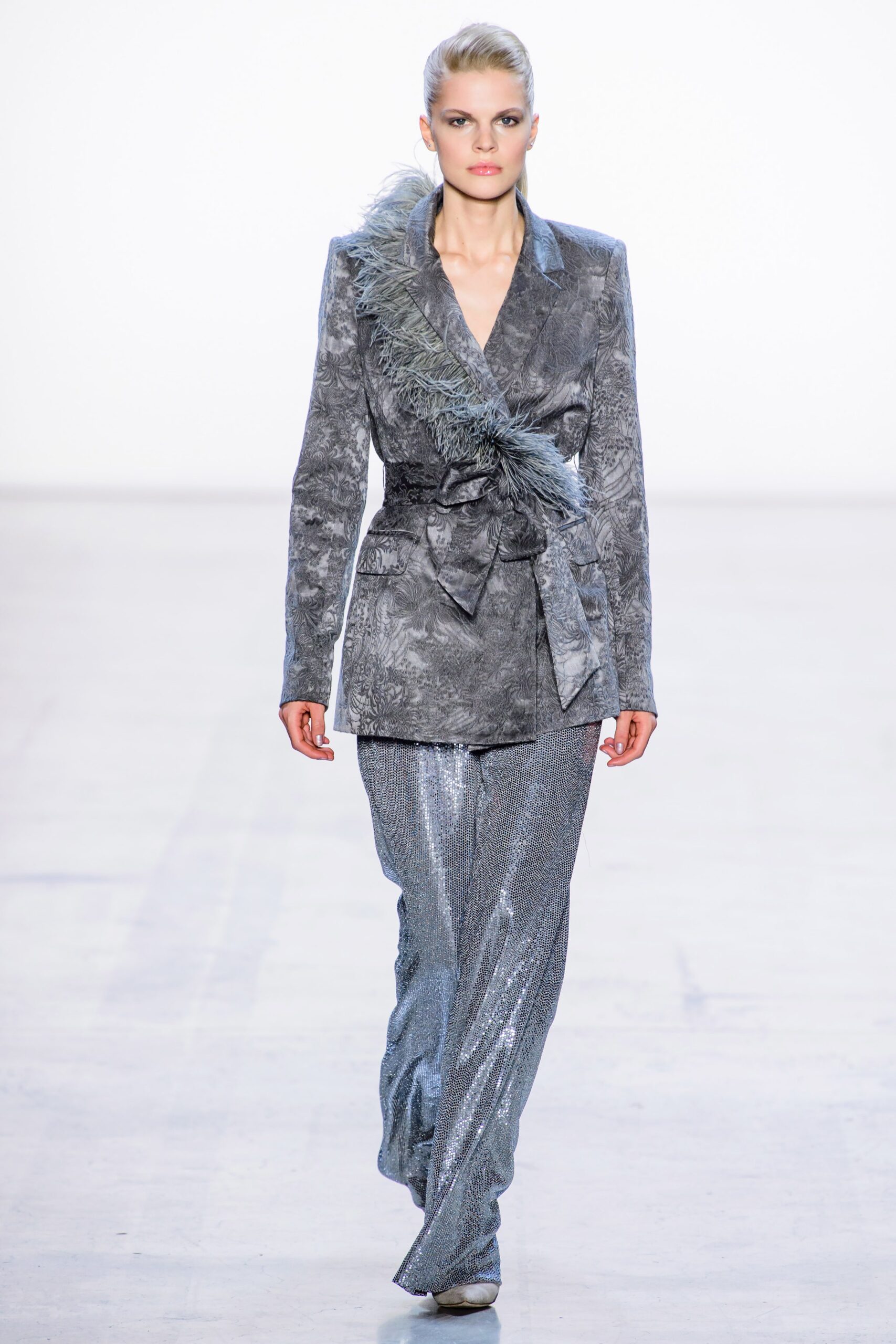 gray silk tailored blazer with silver pants