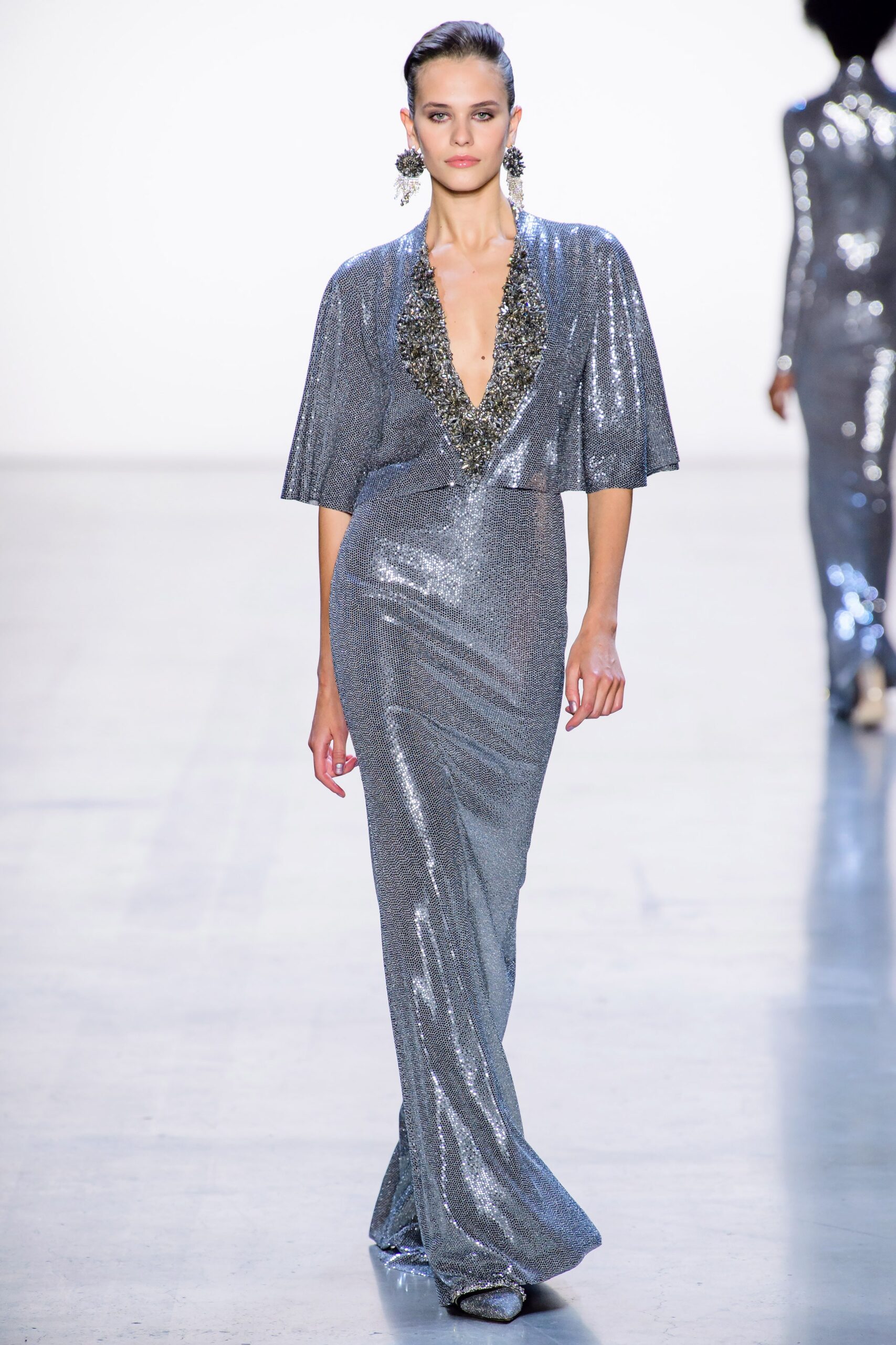 silver sequined fitted gown