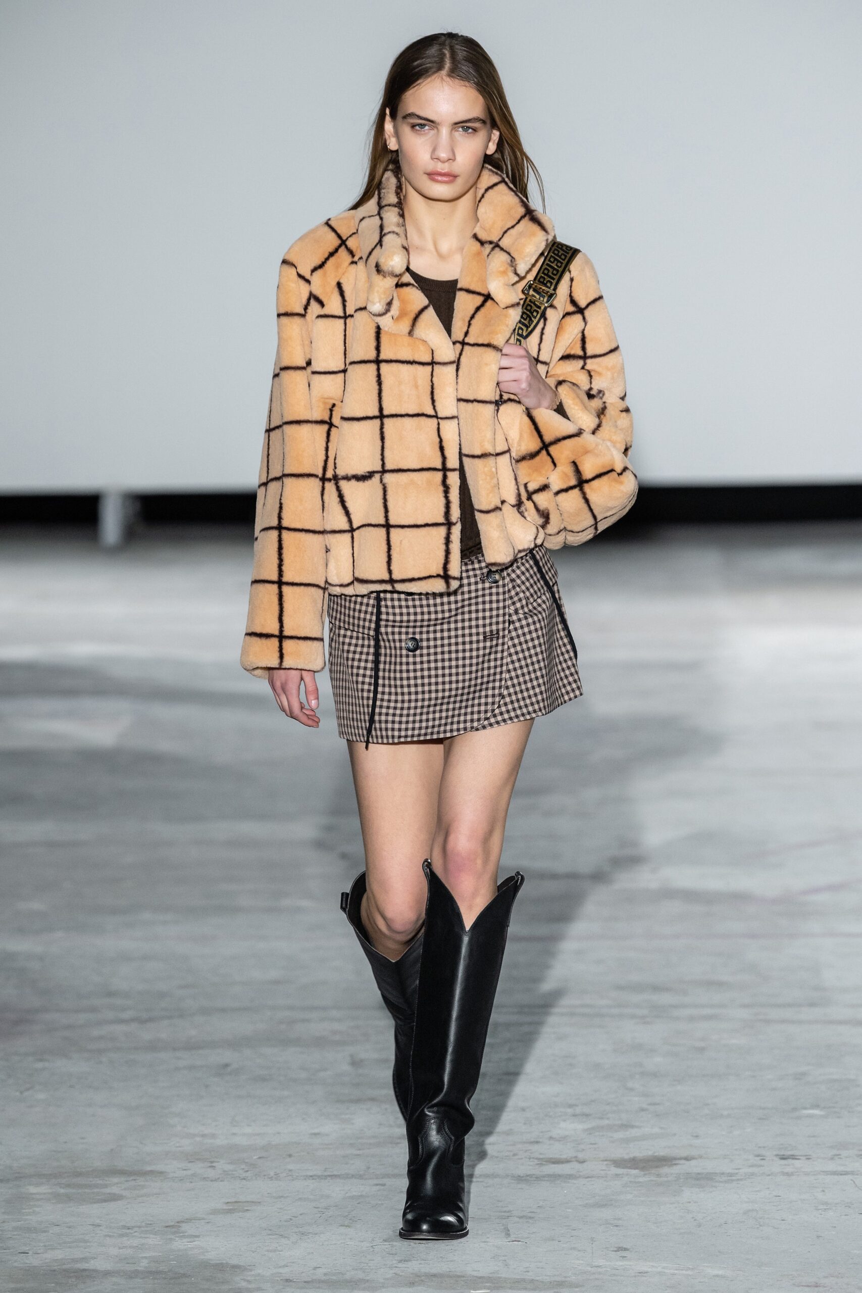 beige faux-fur coat with mini skirt