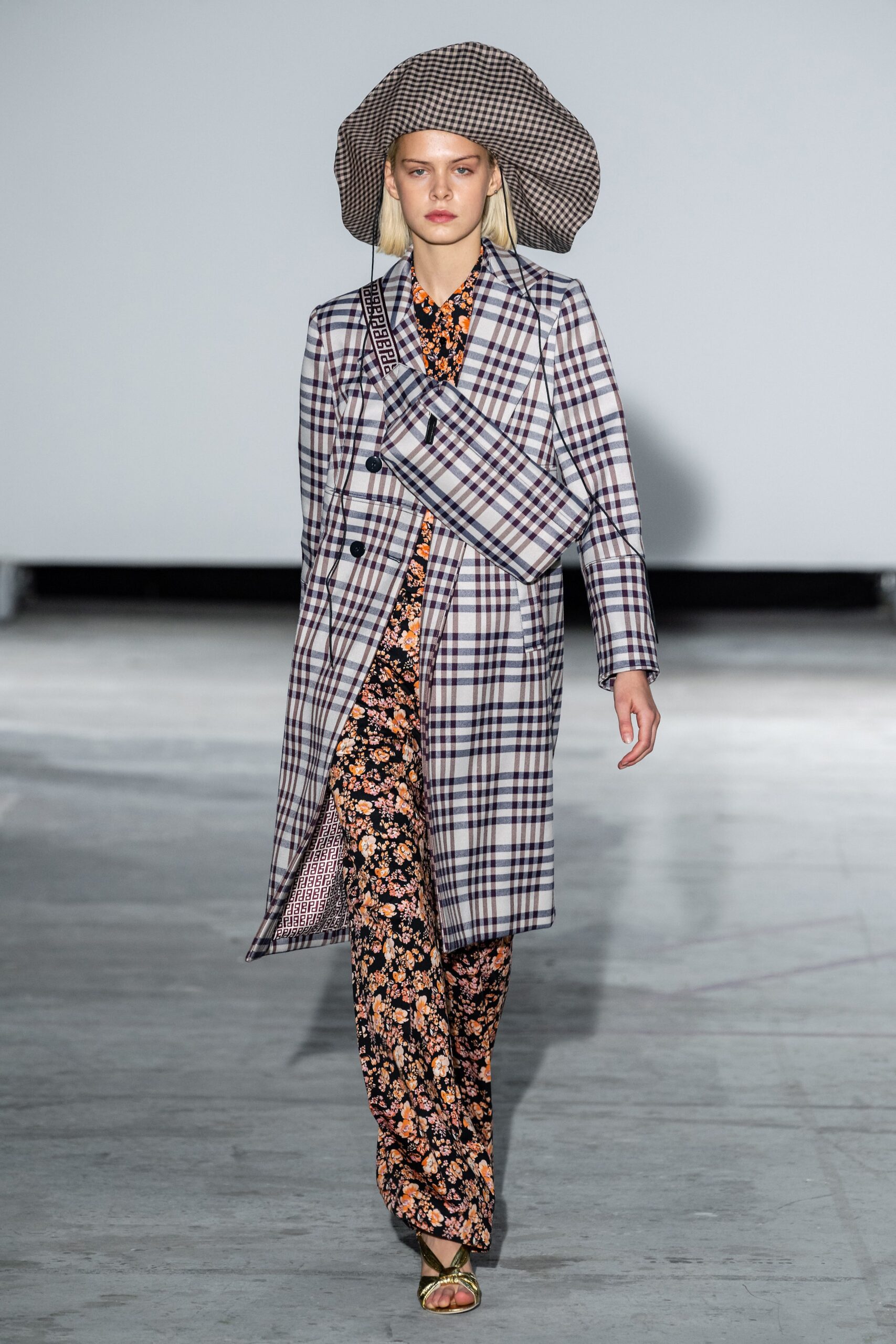 checked coat with floral dress