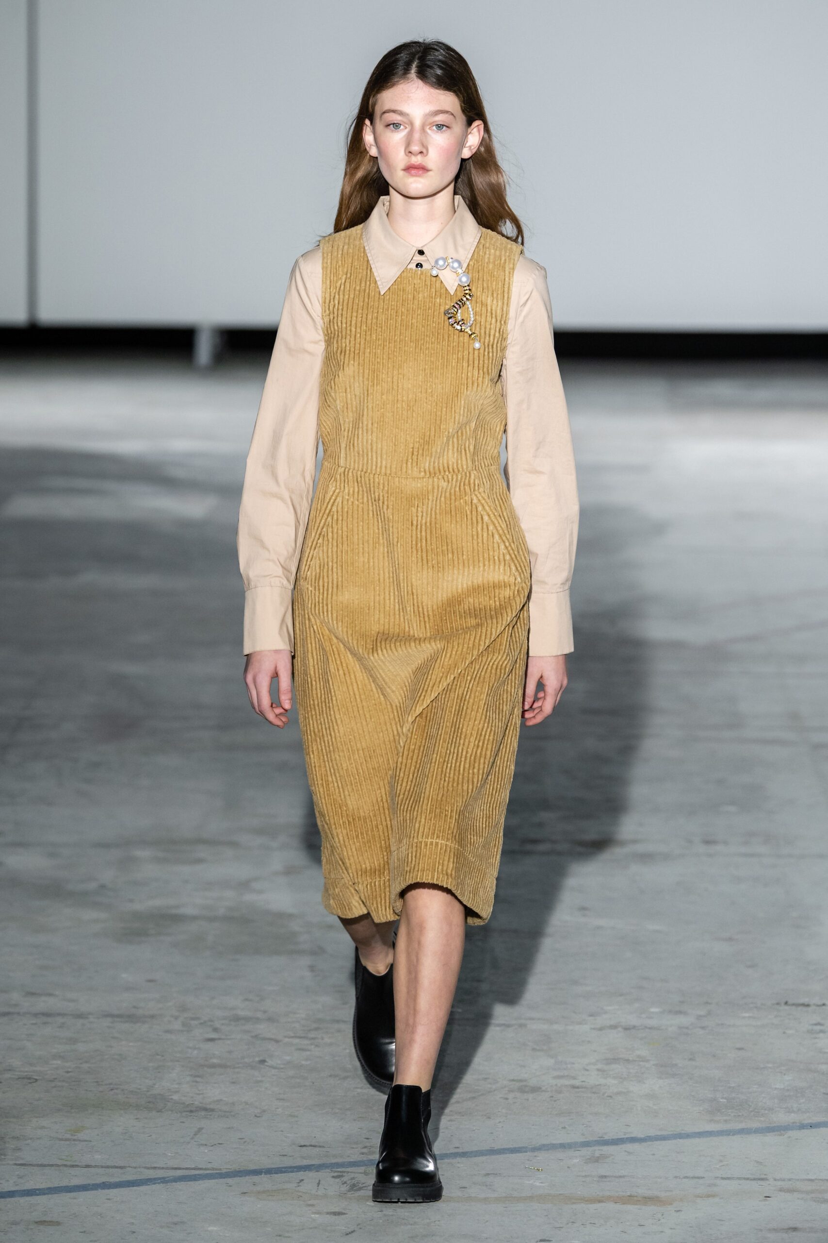 beige pleated midi dress with shirt